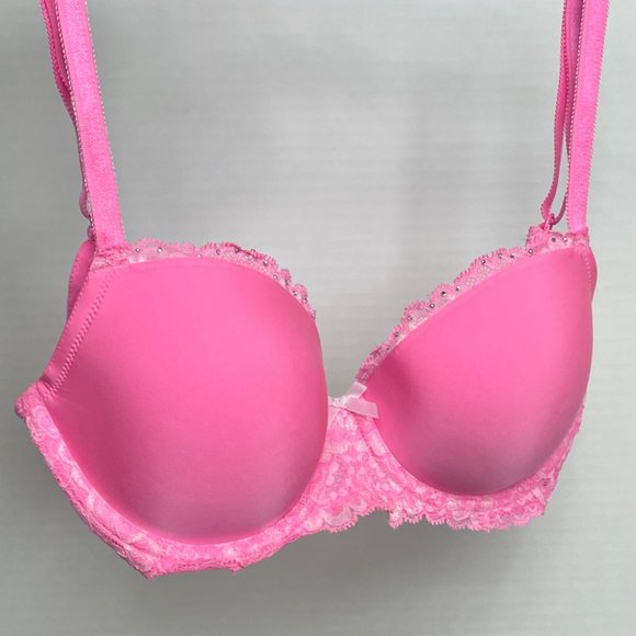 Victoria's Secret Retro Dream Angels Demi Bra 34C Shimmer Lace Neon Coral Pink - Picture 5 of 12